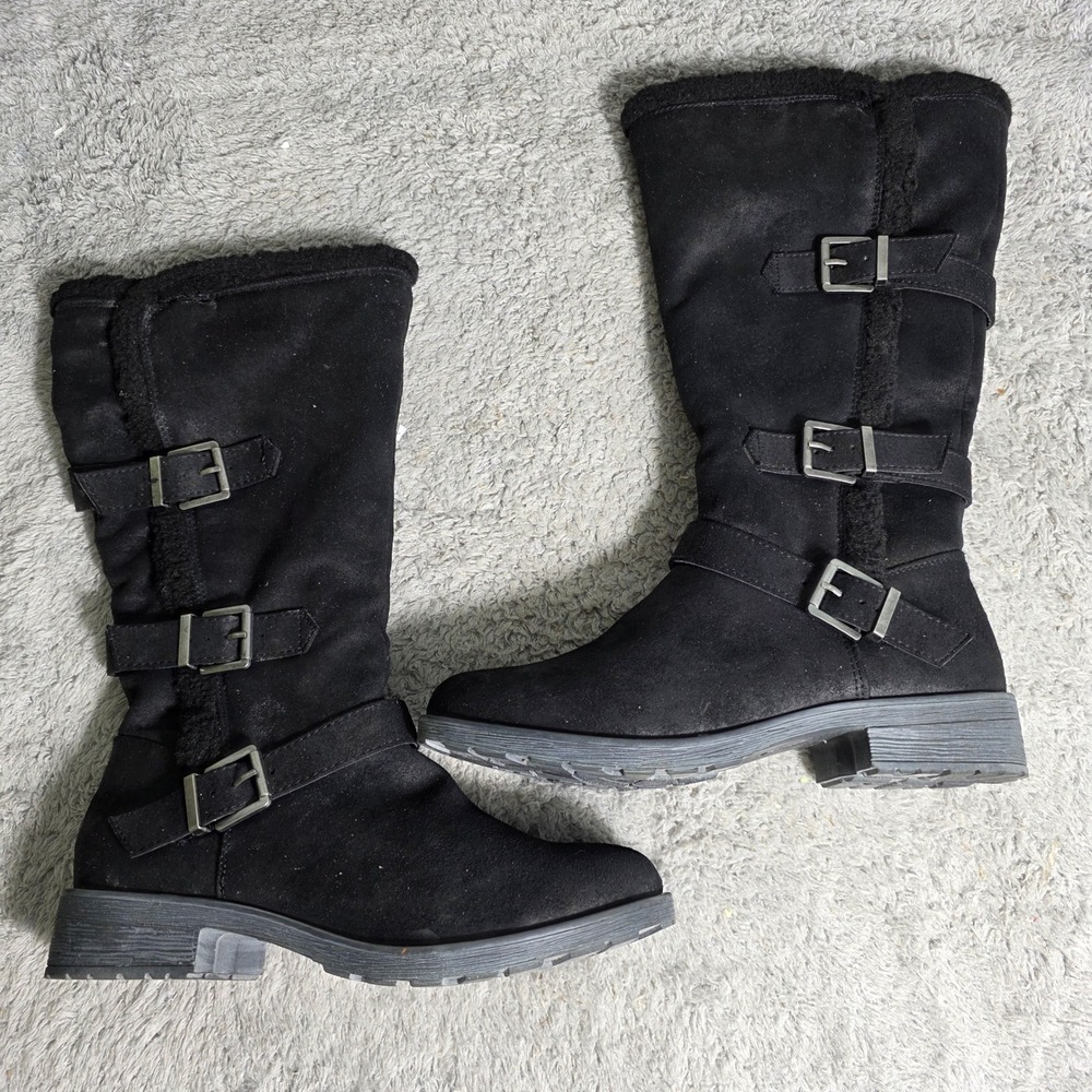 White Mountain Womens Black Faux Suede Fur Lined Winter Boots Buckle Detail 7 M